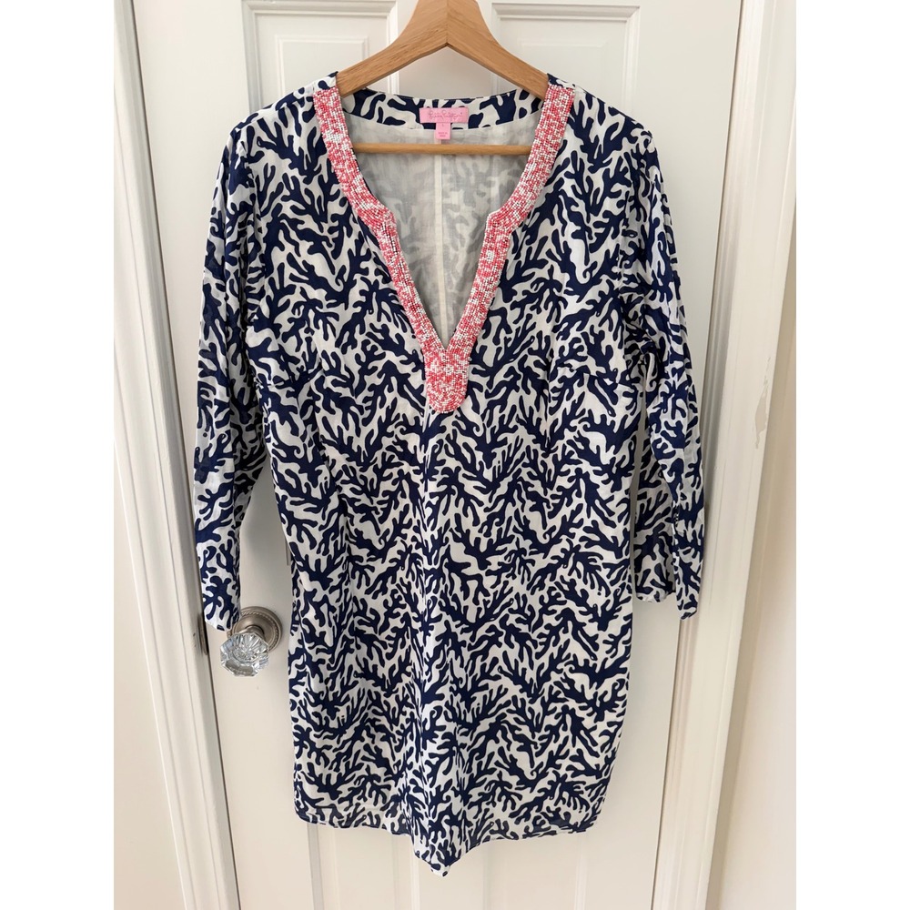 Lilly Pulitzer Beaded Coral Print Tunic Dress Navy White Size L Cotton